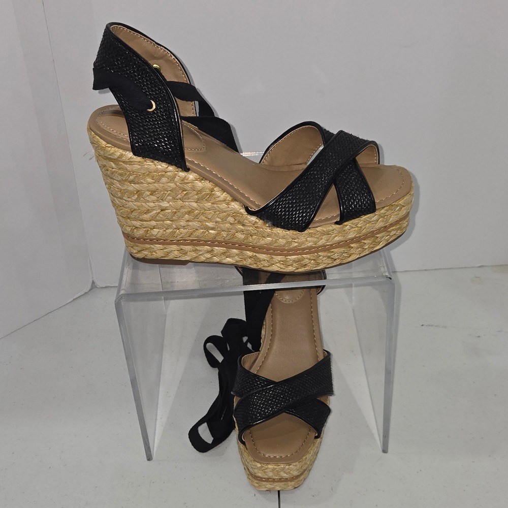 Sam Edelman Vaughn Black Espadrille Wedge Sandals Lace Up Platform Womens 8M